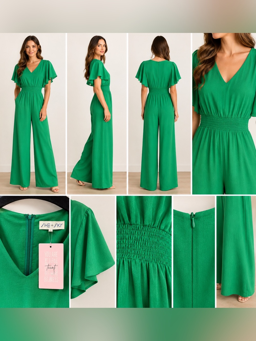 She + Sky NWT Green Flutter Sleeve Smocked Wide Leg Jumpsuit Medium